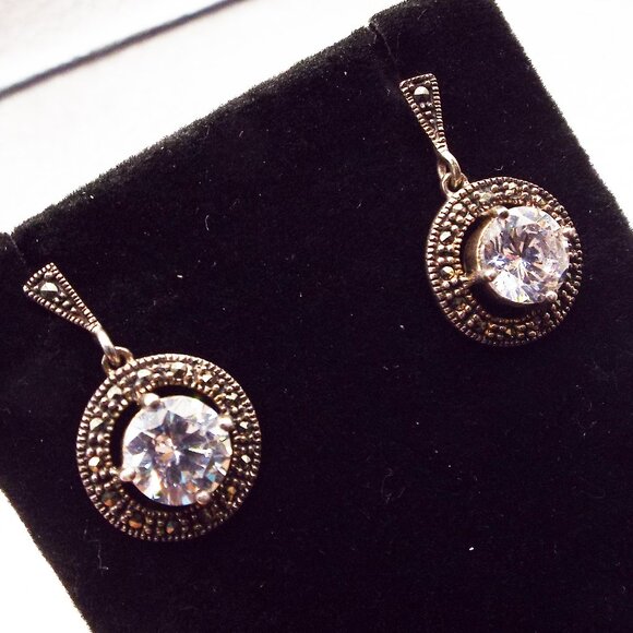 ITALY STERLING SILVER MARCASITE MASSIVE BRILLIANT CUT CRYSTAL DROP EARRINGS 45 - Picture 1 of 3